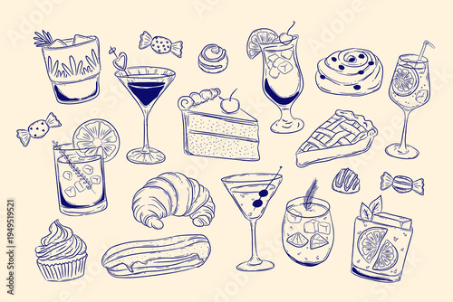 Dessert And Cocktail Hand Drawn Set