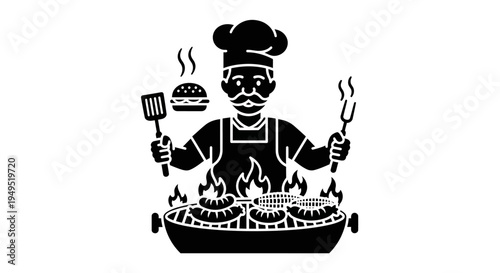 Chef Cooking Meat on Grill Illustration.