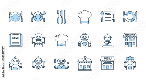Restaurant and chef robot icon set