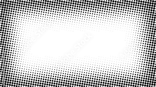Halftone frame vector. Comic divider and pop art faded border. Grunge speckle grain background with dotted particles. White and black abstract wallpaper for retro backdrops and design.