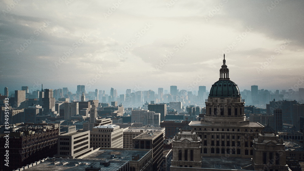 Obraz premium moody city panorama with historic dome, overcast sky and distant highrises, textured stone facade on classical building, sweeping rooftop perspective, urban