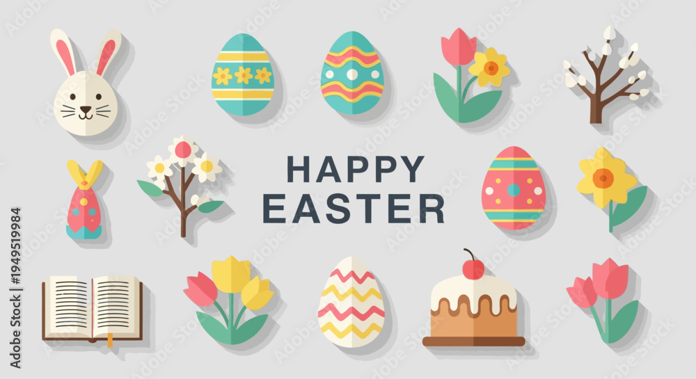 Fototapeta premium Happy Easter Flat Design Icons: Bunny, Eggs, Flowers, Cake, Book, Pussy Willow