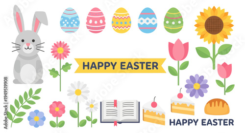Happy Easter Bunny, Eggs, Flowers, Cake, Sunflower & Book - Spring Holiday Celebration