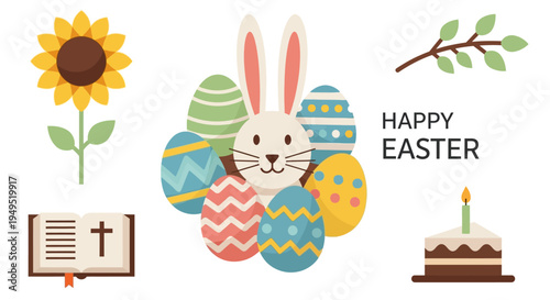 Happy Easter Bunny, Eggs, Sunflower, Bible, Cake, and Spring Branch - Festive Holiday Illustration
