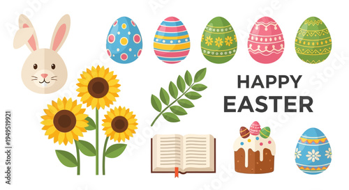 Happy Easter Bunny, Sunflowers, Decorated Eggs, and Cake - Festive Spring Holiday Illustration
