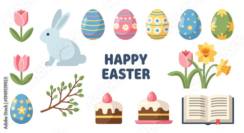 Happy Easter Bunny, Tulips, Daffodils, Painted Eggs, Cake, and Spring Branch - Festive Holiday Celebration