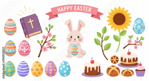 Happy Easter Celebration: Bunny, Eggs, Bible, Sunflower, Cakes & Spring Flowers