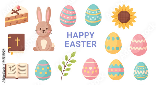 Happy Easter Celebration: Bunny, Eggs, Bible, Cake, Sunflower