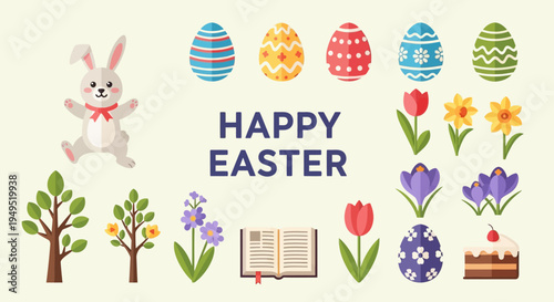 Happy Easter Celebration: Bunny, Eggs, Flowers, Trees, and Cake Illustration