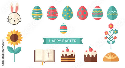 Happy Easter Celebration: Bunny, Eggs, Flowers, Cake, Bible, Bread, Sunflower