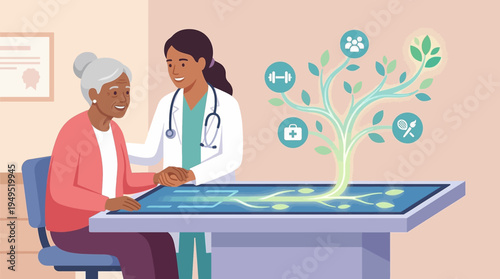 Digital health technology concept, diverse female doctor and elderly senior patient interacting with futuristic medical hologram interface and wellness tree, vector illustration.