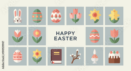 Happy Easter Celebration Icons: Bunny, Eggs, Flowers, Cake, Book, Pussy Willow