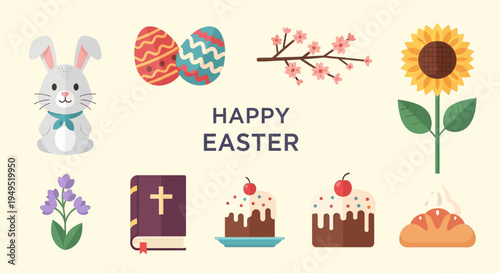 Happy Easter Celebration Icons: Bunny, Eggs, Flowers, Cake, Bible, Sunflower, Bread
