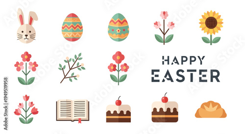 Happy Easter Celebration Icons: Bunny, Eggs, Flowers, Cake, Sunflower, Book