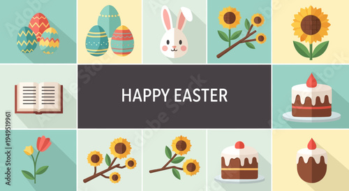 Happy Easter Collage: Eggs, Bunny, Flowers, Cake, Book Icons with Flat Design & Long Shadows