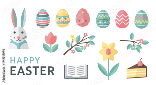 Happy Easter Flat Design Icons: Bunny, Decorated Eggs, Flowers, Cake, and Book