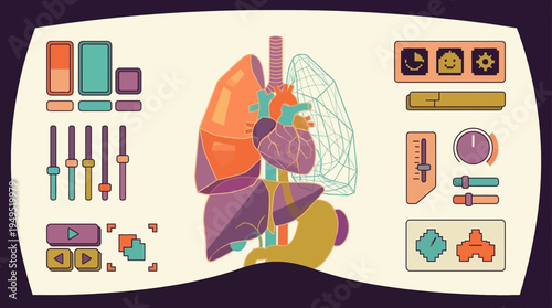 Virtual reality medical interface, VR headset view of human internal organs anatomy with retro pixel art UI elements, digital health education concept.