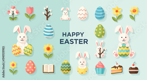 Happy Easter Cute Bunnies, Decorated Eggs, Flowers, and Sweets - Vector Illustration