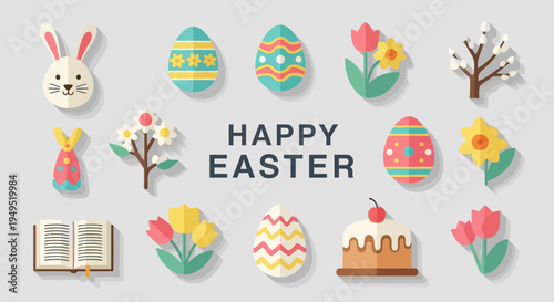Happy Easter Flat Design Icons: Bunny, Eggs, Flowers, Cake, Book, Pussy Willow