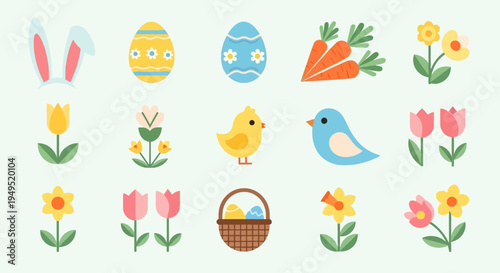 Easter Icons: Cute Bunny Ears, Eggs, Tulips, Chicks, Carrots, Flowers, Basket