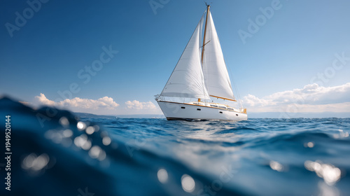 Majestic sailboat sailing under clear blue sky on serene ocean waters