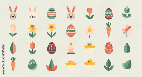 Easter Icons Set: Cute Bunnies, Eggs, Flowers, Chicks, Carrots, Leaves