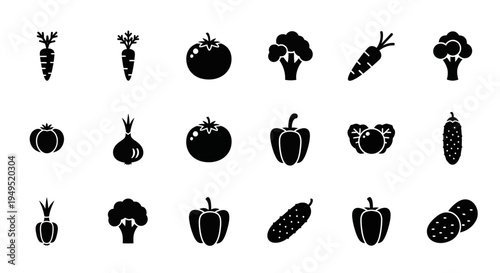 Black and White Icons of Fresh Vegetables and Produce