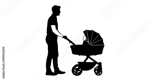Father Pushing Baby Stroller Silhouette Illustration.