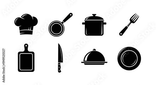 Black Kitchen Utensils and Chef Hat Icons Set