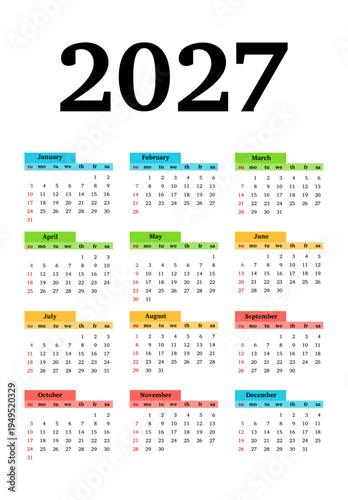 Calendar for 2027 isolated on a white background