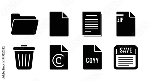 Black Computer Icons: Folder, Document, Zip, Trash, Copyright, Copy, Save