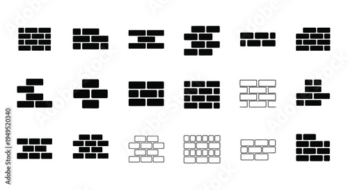 Brick Wall Icons Set: Different Patterns and Styles of Masonry Construction