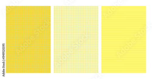 Set of yellow legal pad pages with lined or grid designs