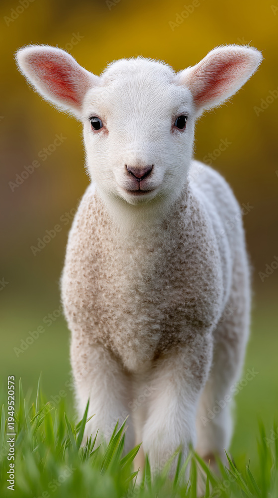 Fototapeta premium Adorable lamb in lush green meadow - perfect for spring themes and nature prints
