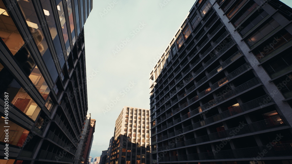 Naklejka premium lowangle skyscraper canyon with warm light, modern facade textures and deep shadow contrasts, repeating window grids and balconies, empty street valley,