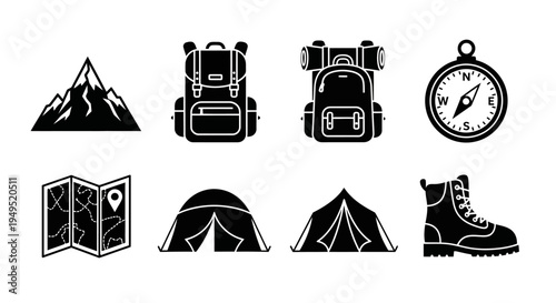 Camping and Hiking Gear Icons: Mountains, Backpacks, Tent, Compass, Map, Boots