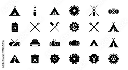 Camping and Outdoor Adventure Icons: Tent, Gear, Tools, and Nature Elements
