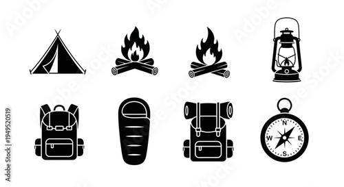 Camping Gear Icons: Tent, Fire, Lantern, Backpacks, Sleeping Bag, Compass