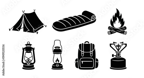 Camping Gear Icons: Tent, Sleeping Bag, Campfire, Lanterns, Backpack, Stove