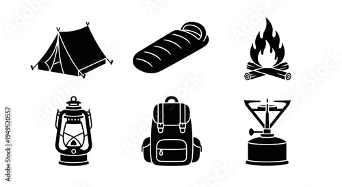 Camping Gear Icons: Tent, Sleeping Bag, Fire, Lantern, Backpack, Stove - Black and White Silhouette