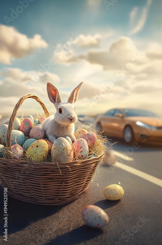 Rabbit and basket full of colorful Easter eggs on a highway with cars passing by. Concept of Easter traveling and celebration.
