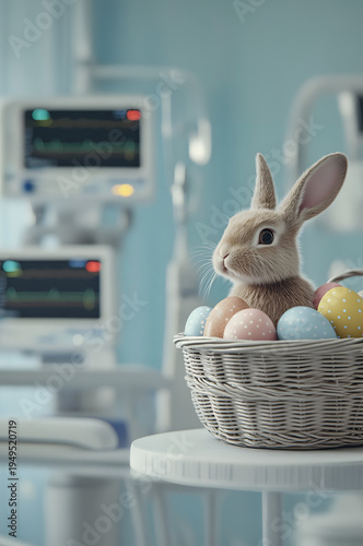 Colorful Easter eggs in a basket with rabbit inside a hospital with medical appliances in the background. Concept of Easter celebration during working.