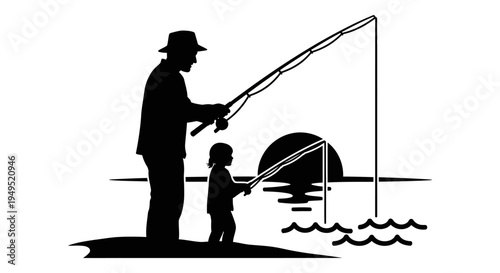 Man and Child Fishing Together Silhouette.