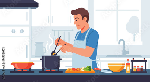 Man Cooking in Modern Kitchen with Utensils.