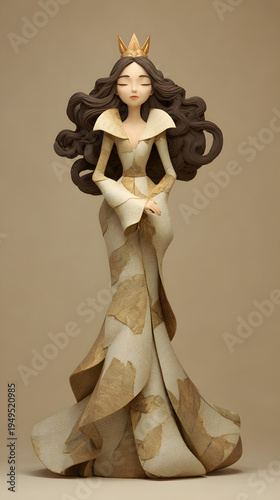 3D stylized semi-real queen with long flowing hair and subtle crown. Wearing elegant fitted gown with structured waist. Calm regal posture. Solid muted gold background.