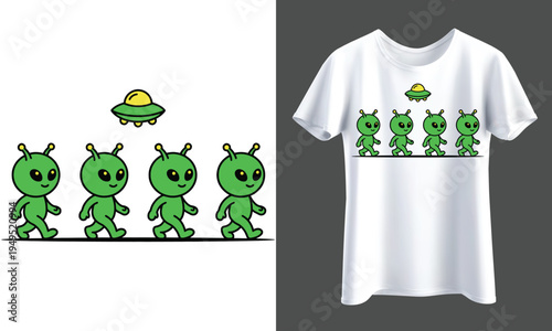 Group of four walking green cartoon aliens with a ufo above, illustration for t-shirt design, flying saucer t-shirt design