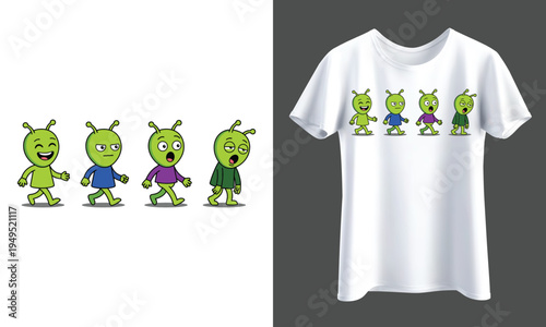 Four green cartoon aliens with different expressions and clothing walking, vector illustration for t-shirts t-shirt design