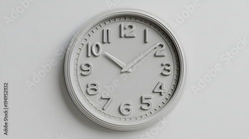 3D stylized semi-real round wall clock with clean minimal numbers, slightly thick frame. Matte surface. Solid muted gray background.