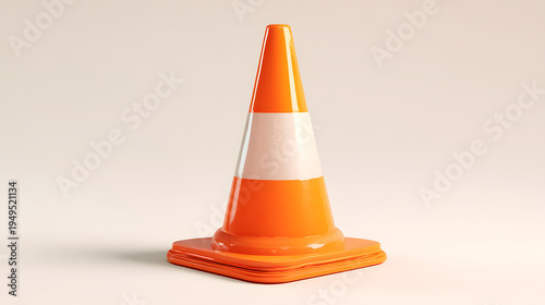 3D stylized semi-real traffic cone with smooth bright orange plastic and reflective band. Solid neutral background.