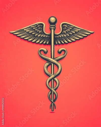 A detailed illustration of the caduceus symbol with two snakes entwined around a winged staff on a red background.